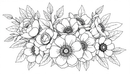 Fototapeta premium Minimilist elegant floral arrangement featuring roses and anemones with detailed line work and delicate leaf patterns vector