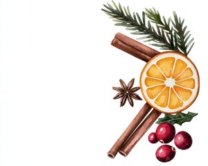 Christmas spices dried orange slices star anise and cinnamon stick cranberries and fir branch. Hand drawn watercolor illustration isolated on white background. Festive season botanical