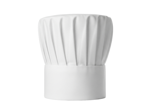 A tall white pleated chef s hat also known as a toque blanche stands upright against a stark black background symbolizing culinary expertise and professional cooking