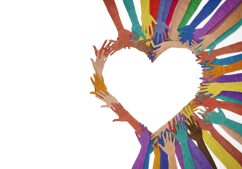 A vibrant explosion of diverse colorful hands reaching out from a black background to form a large black heart shape symbolizing unity and togetherness