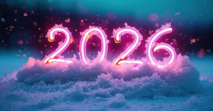 Bright pink neon numbers 2026 emerge from fluffy blue clouds. Dramatic lighting creates vibrant, futuristic scene. - Powered by Adobe