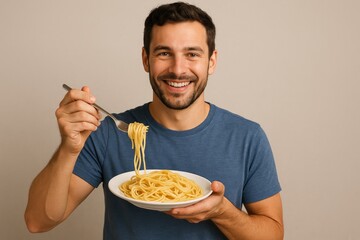Young Caucasian adult male smiles while eating spaghetti from plate with fork