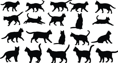 Black cat silhouettes walking, sitting, running, jumping poses, domestic feline vector illustration, pet animal design, halloween decoration artwork isolated