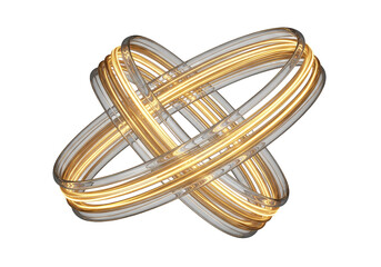 Intricate interlocking abstract geometric sculpture crafted from polished gold and silver metallic rings creating a complex interwoven shape against a stark black background