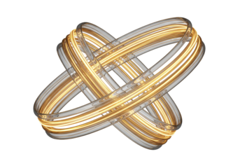 Intricate interlocking abstract geometric sculpture crafted from polished gold and silver metallic rings creating a complex interwoven shape against a stark black background