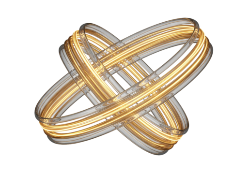 Intricate interlocking abstract geometric sculpture crafted from polished gold and silver metallic rings creating a complex interwoven shape against a stark black background