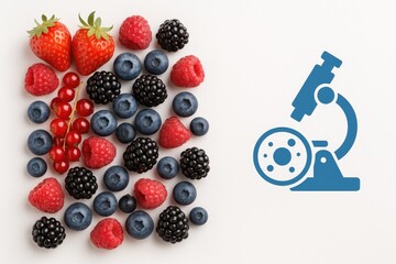 Assorted berries (strawberries, blueberries, raspberries, blackberries, red currants) beside blue microscope illustration model ethnicity and gender