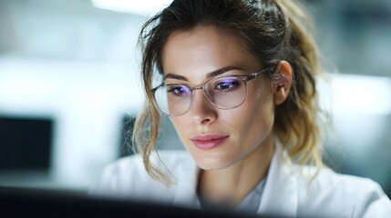 Focused female scientist wearing glasses examines data on a computer screen in a bright laboratory