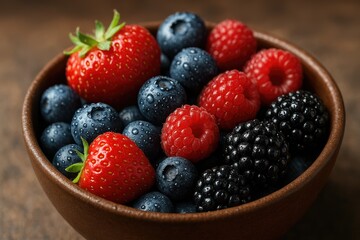 Brown ceramic bowl holds fresh strawberries, blueberries, raspberries, and blackberries in vibrant mix