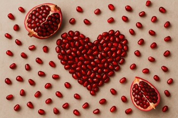 Heart made of red pomegranate seeds on beige background