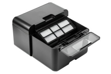 Open the dustbin compartment of a robot vacuum with a clean filter on a transparent background