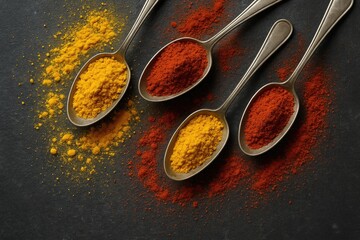 Metal spoons on dark surface hold bright turmeric and red chili powders, creating colorful, top-down spice arrangement