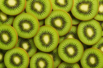 Close-up of kiwi slices with bright green flesh, black seeds, and tan rind