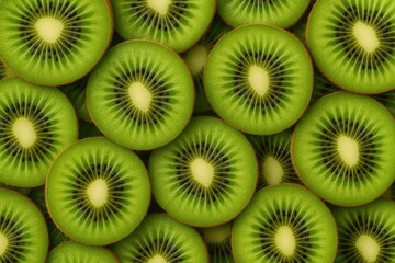 Circular cross-sections of bright green kiwifruit with tiny black seeds, vibrant pattern
