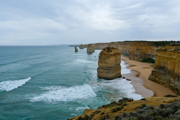 The Twelve Apostles limestone stacks along the Great Ocean Road in Victoria, Australia, a famous coastal landmark known for stunning cliffs, ocean views, and natural beauty.