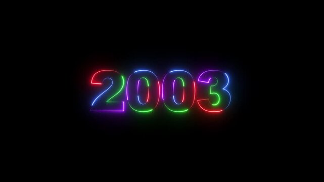 2003 neon line text. Abstract 2003 neon text animation, Glowing neon number text background 4k animation. Concept of counting years. Neon text calendar 2003 animation, glowing neon icon . 4k video 