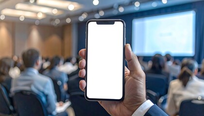 Hand holding a blank screen smartphone at a business conference.