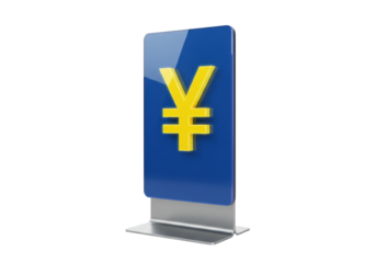 Yellow Yen currency symbol on blue display isolated, Japanese money sign PNG for finance and business
