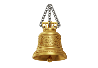Ornate golden bell isolated on transparent background, vintage metal instrument for decoration and celebration