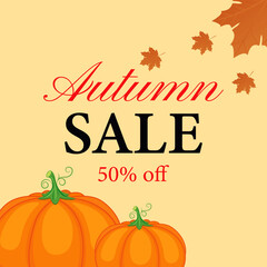 Autumn sale. Autumn sale banner with pumpkin and maple leaf. Vector illustration.