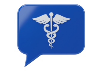 Blue speech bubble with caduceus symbol isolated PNG, medical healthcare icon for communication and support on transparent background