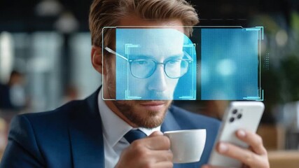 Tech-Savvy Elegance: A dapper business professional in stylish spectacles, with augmented reality overlay, engaged with smartphone and coffee, symbolizing technological progress. - Powered by Adobe