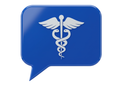 Blue speech bubble with caduceus symbol isolated PNG, medical healthcare icon for communication and support on transparent background