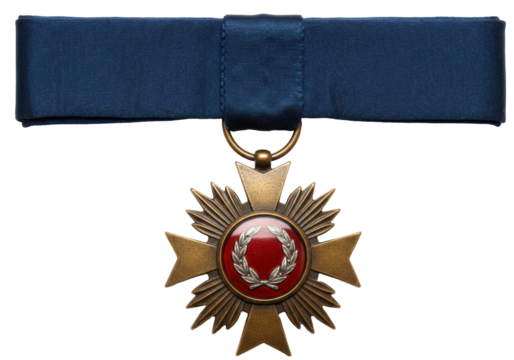 Bronze military medal with red center isolated on white, award for service and valor in armed forces, honor and recognition
