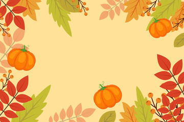 Autumn background with bright autumn leaves and pumpkin. Vector illustration.
