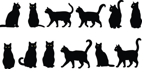 Black cat silhouettes with yellow eyes, sitting and walking feline illustration, spooky pet animal vector, Halloween design, whiskers artwork isolated background