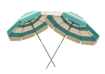 Double beach umbrella with teal and beige stripes isolated on white, sun protection for outdoor relaxation and summer vacation