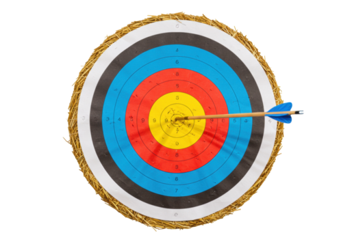 Archery target with arrow in bullseye isolated, straw target with colorful rings for sports and recreation on transparent background