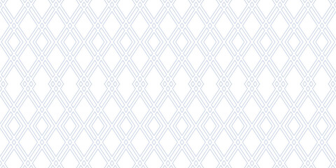 Vector minimal geometric abstract texture. Modern linear seamless pattern. Subtle blue and white background with outline grid, mesh, lattice, diamonds, rhombuses, thin lines. Repeating geo design