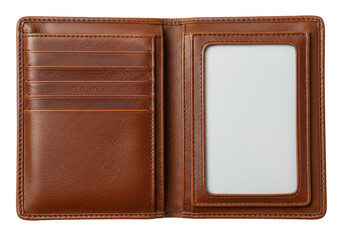 Brown leather wallet open and isolated, with multiple card slots and a transparent ID window, for personal finance and organization
