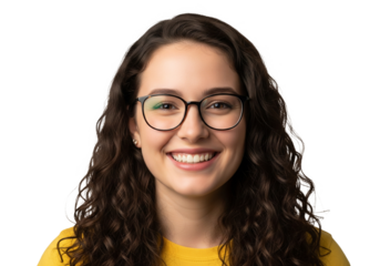 A young woman with curly dark hair and glasses smiles warmly at the camera her face illuminated against a stark black background