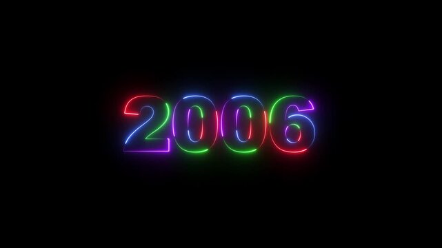 New Year 2006 animated. 2006 number neon text black background animation. Neon light countdown 2006 Sal number icon .Abstract 2006 neon text animation ,Four rainbow color neon Glowing number text.