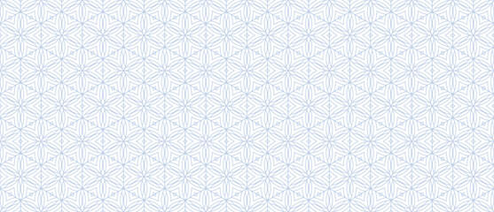 Subtle minimal vector outline geometric seamless pattern with floral silhouettes, leaves, hexagonal grid, thin lines. Subtle abstract blue and white linear texture. Luxury repeated oriental background © Olgastocker