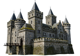 Majestic stone castle isolated on transparent background, medieval architecture with towers and drawbridge for historical and fantasy themes
