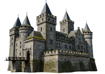 Majestic stone castle isolated on transparent background, medieval architecture with towers and drawbridge for historical and fantasy themes