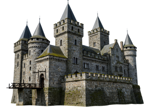 Majestic stone castle isolated on transparent background, medieval architecture with towers and drawbridge for historical and fantasy themes