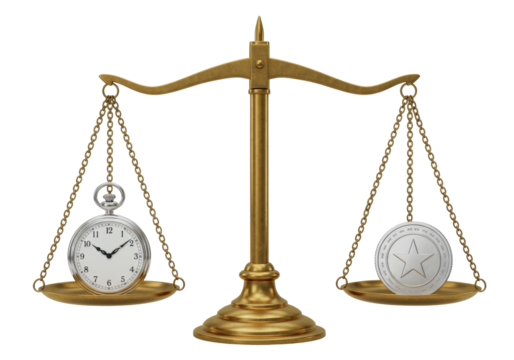 Scales balancing time and money, isolated concept with pocket watch and coin on golden scale, symbolic of value and investment - Powered by Adobe