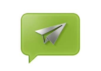 Green speech bubble with silver paper airplane isolated PNG, communication and sending messages concept for social media and design
