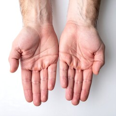 Two open male hands, palms up, on a white background