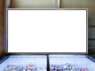 Blank white advertisement space on an ice cream freezer