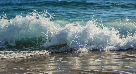 Obraz premium A mesmerizing close-up of a powerful turquoise sea wave crashing on the wet sandy shore, creating a dramatic splash of white foam