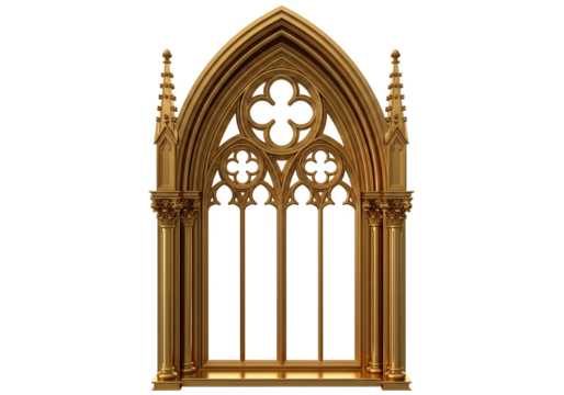 Ornate gothic archway window with intricate tracery and decorative pinnacles illuminated gold metal structure against a deep black background