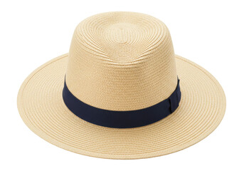 Straw fedora hat with navy ribbon isolated on transparent background, summer fashion headwear for sun protection and style