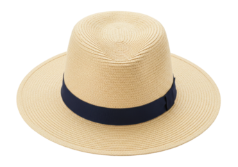 Straw fedora hat with navy ribbon isolated on transparent background, summer fashion headwear for sun protection and style