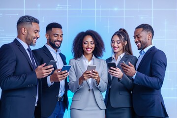 Group of diverse business professionals using smartphones together in formal attire, smiling in front of digital interface background. Ai generative. Ai generative