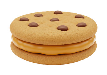 Delicious chocolate chip cookie sandwich with caramel filling isolated, sweet treat dessert for snack time and bakery concepts